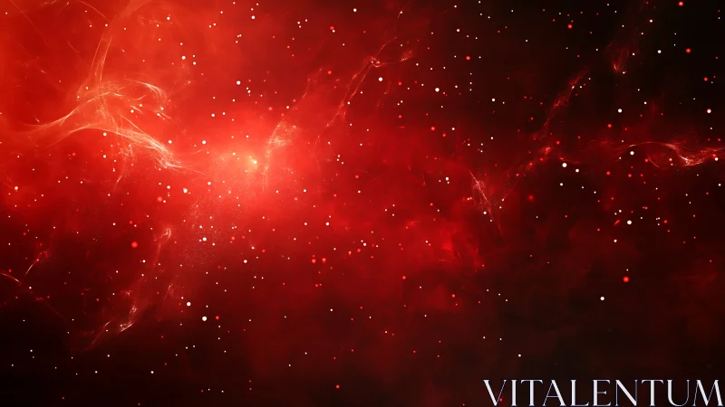 Glowing red nebula sky filled with drifting cosmic sparks.