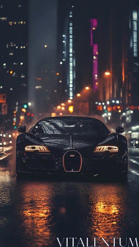 Midnight hypercar cuts through neon soaked city rain.