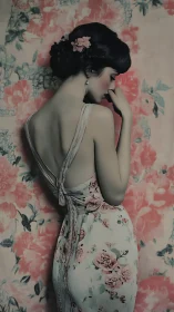 Vintage floral portrait with woman in backless dress.