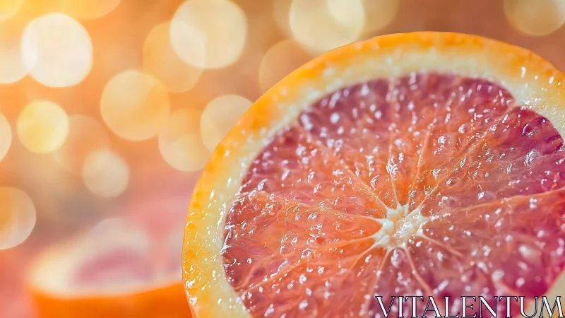 Juicy grapefruit slice glows against soft golden bokeh background.