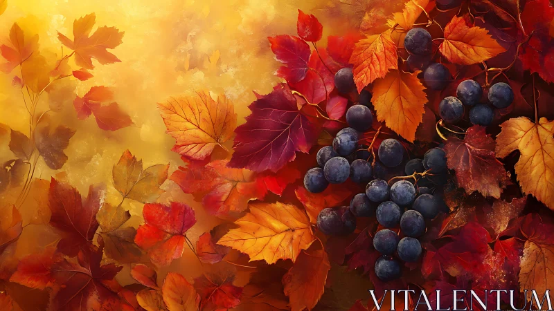 Grapes arranged among autumn leaves in warm light field.