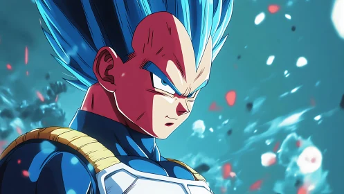 Blue-haired anime warrior in armored suit, dramatic energy field