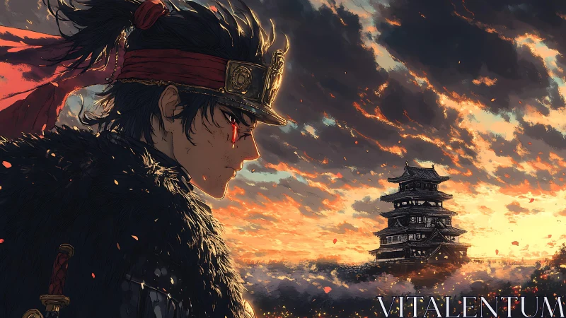 Anime warrior profile against sunset-lit samurai citadel panorama.