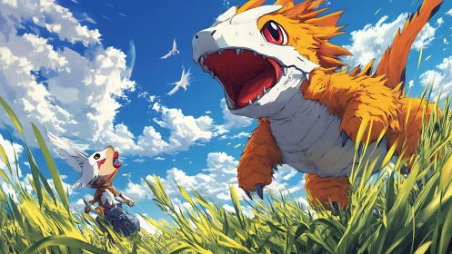 Orange dragon creature chasing child in sunny grass field.