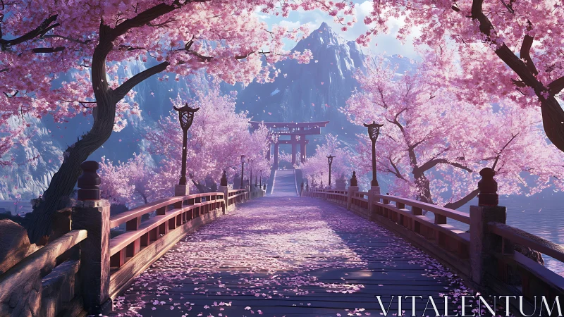 Cherry blossom bridge to distant torii gate under pastel light