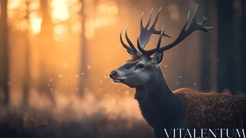 Stag with antlers standing in softly lit forest at dusk.