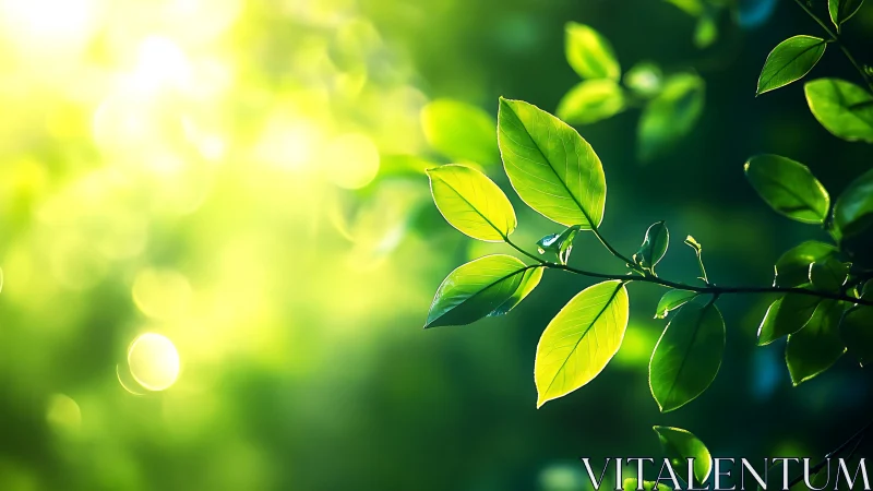 Sunlit Green Leaves Close-up with Soft Bokeh Background.