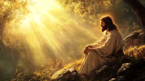 Man in robe sits on rocky hillside under intense sunlight