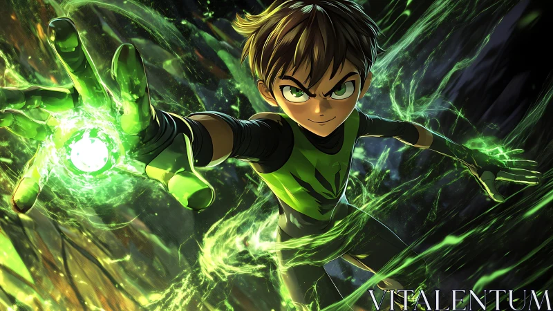 Young character with green energy effects in dynamic pose.
