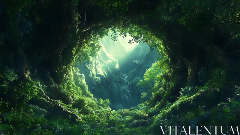 Cave opening through jungle canopy with mountain vista.