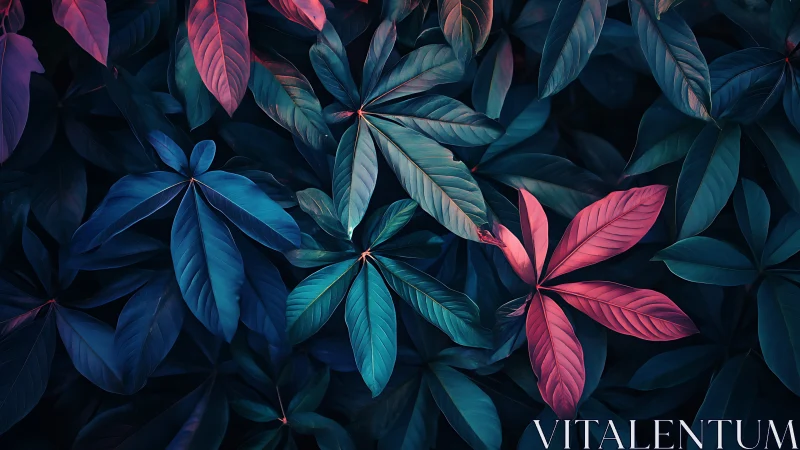 Neon foliage pattern with teal and magenta tropical leaves.