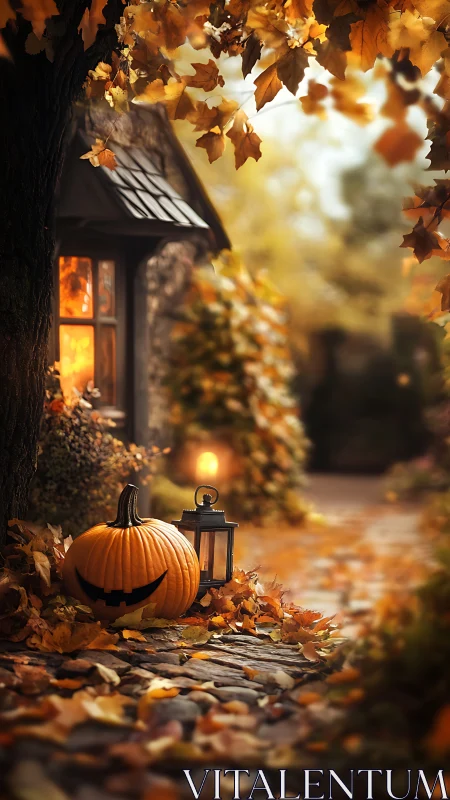 Cozy cottage doorway glowing with a playful jack o lantern.