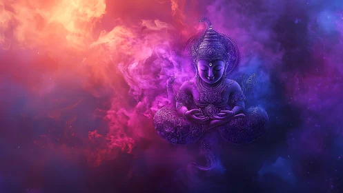 Radiant meditative deity rests within swirling cosmic light