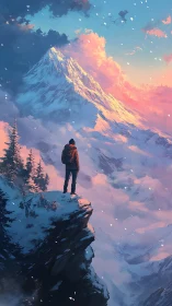 Solitary climber greeting a blaze-lit winter summit sky.