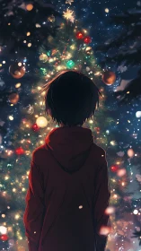 Solitary child studies luminous Christmas tree under snow