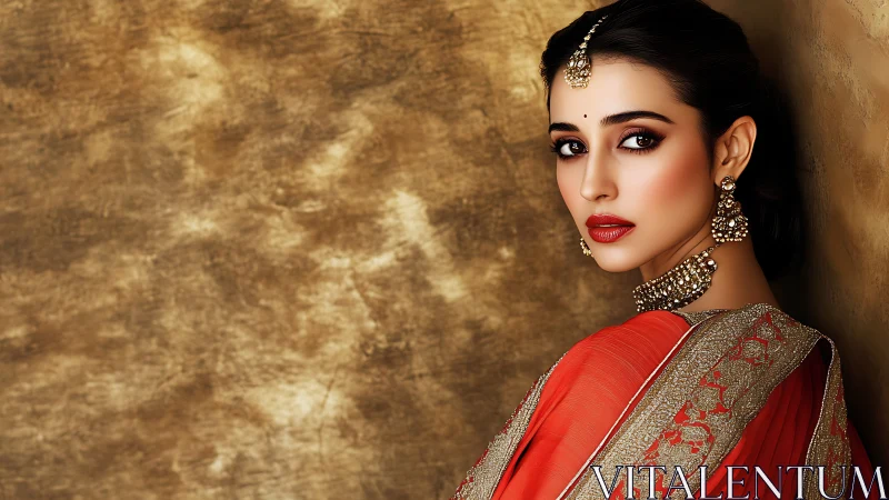 Elegant woman in red saree against warm golden backdrop.