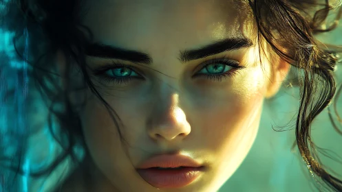 Mesmerizing turquoise eyes meet sunlight in a calm, direct gaze