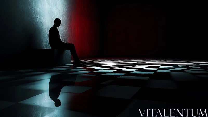 Solitary figure waits in moody red and blue checkered hall