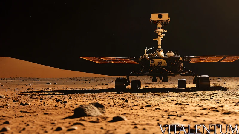 Mars exploration rover under low-angle golden illumination.