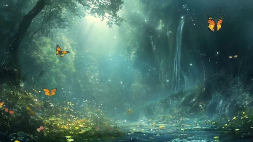 Enchanted forest waterfall with glowing light and butterflies