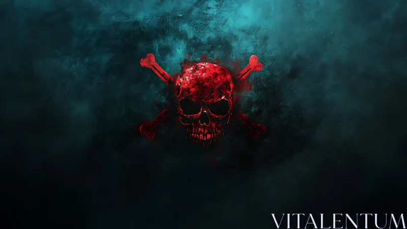 Crimson skull emblem on teal textured storm haze.