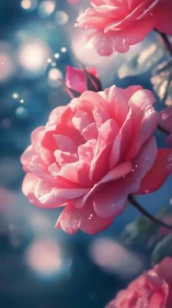 Pink Peonies Blooming Against Soft Blue Sky.