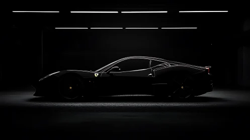 Sleek black supercar resting quietly in a moody garage.