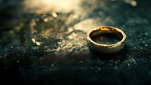 Gold ring rests on textured dark stone under focused light