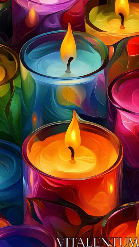 Luminous glass candles glow in swirling rainbow colors.