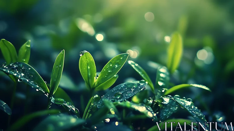 Morning dew clings to young green leaves in soft bokeh light