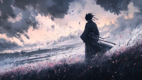 Stormfront samurai silhouette in windswept digital landscape.