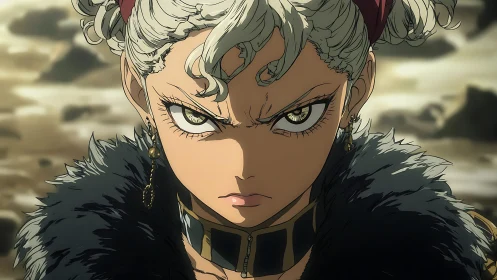 Fierce silver haired anime warrior with intense stare