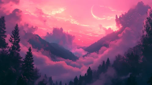 Dreamlike pink mountain valley glows beneath a crescent sky