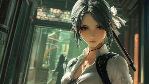 Steel-eyed alley swordswoman in sunlit urban hush.