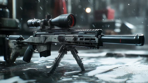 Tactical Precision: Scoped Rifle Awaits the Storm.