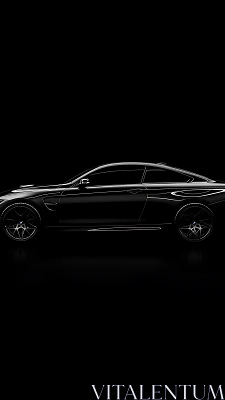Side-profile studio render isolates glossy black coupe with specular lines