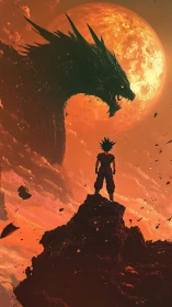 Warrior confronts cosmic dragon before burning moon