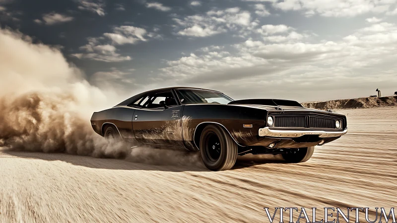 Retro muscle coupe executing high-velocity desert powerslide.