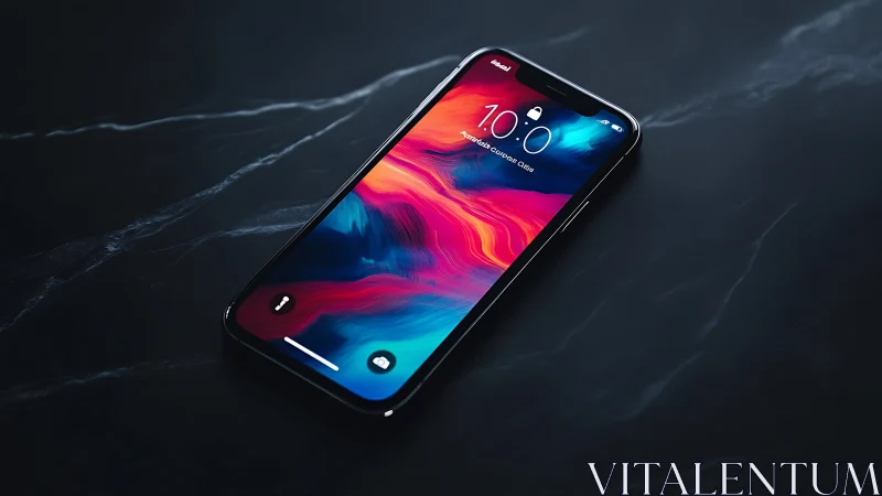 High-end smartphone with vibrant neon display against dark marble.