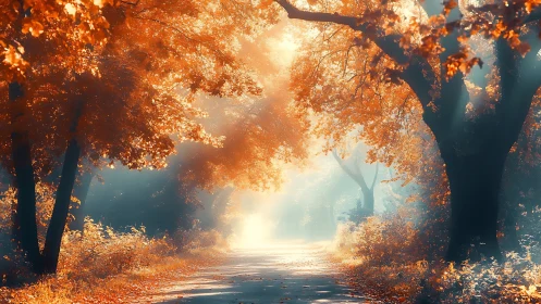 Ethereal Forest Tunnel: Golden Light Through Autumn Canopy.