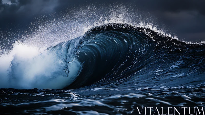 Storm-lit cresting wave with dramatic deep blue tonality.