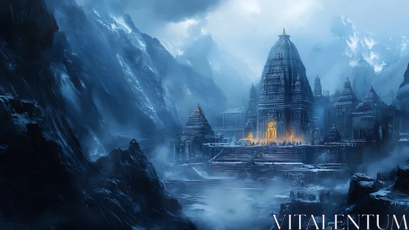 Ancient Himalayan temple complex glows amid icy mountain pass