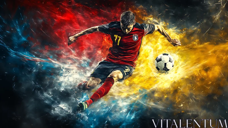 Dynamic soccer striker surrounded by red, blue and gold energy.