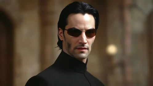 Cyber agent portrait in sleek black coat and sunglasses.