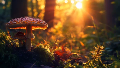 Sunlit forest mushrooms glow in warm golden evening light