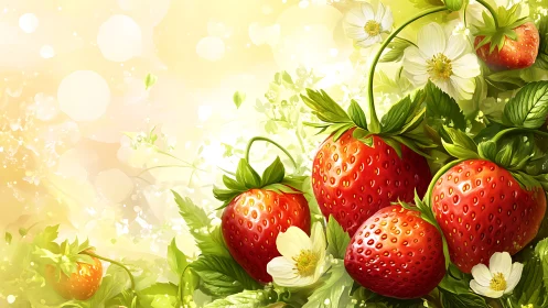 Ripe strawberries with leaves and white blossoms in sunlight.