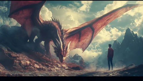 Dragon faces lone human in mountainous fantasy landscape
