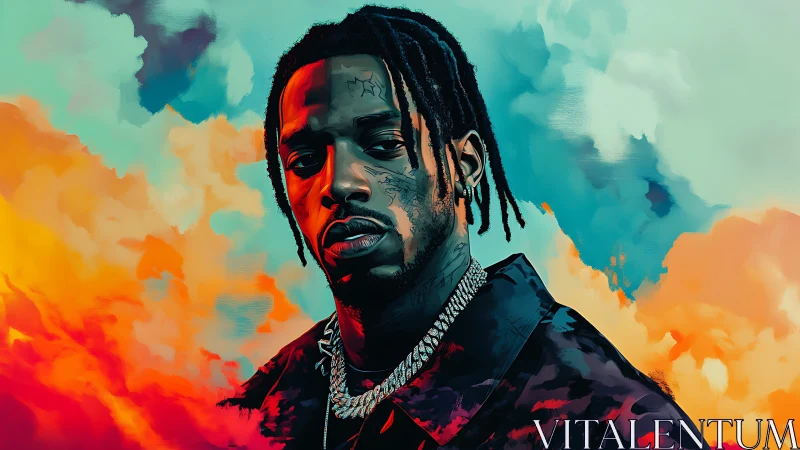 Digital portrait of man with jewelry against gradient clouds