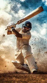 Dynamic cricket batsman executing low sweep in dusty impact field.