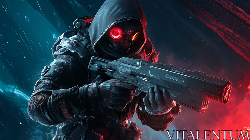 Cybernetic soldier aims rifle in rain lit by blue and red light